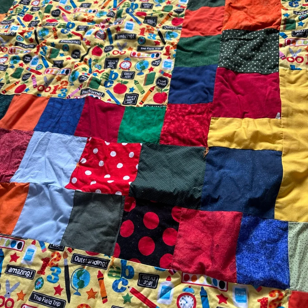 Multicolor Patchwork Twin Quilt with School Theme Handmade